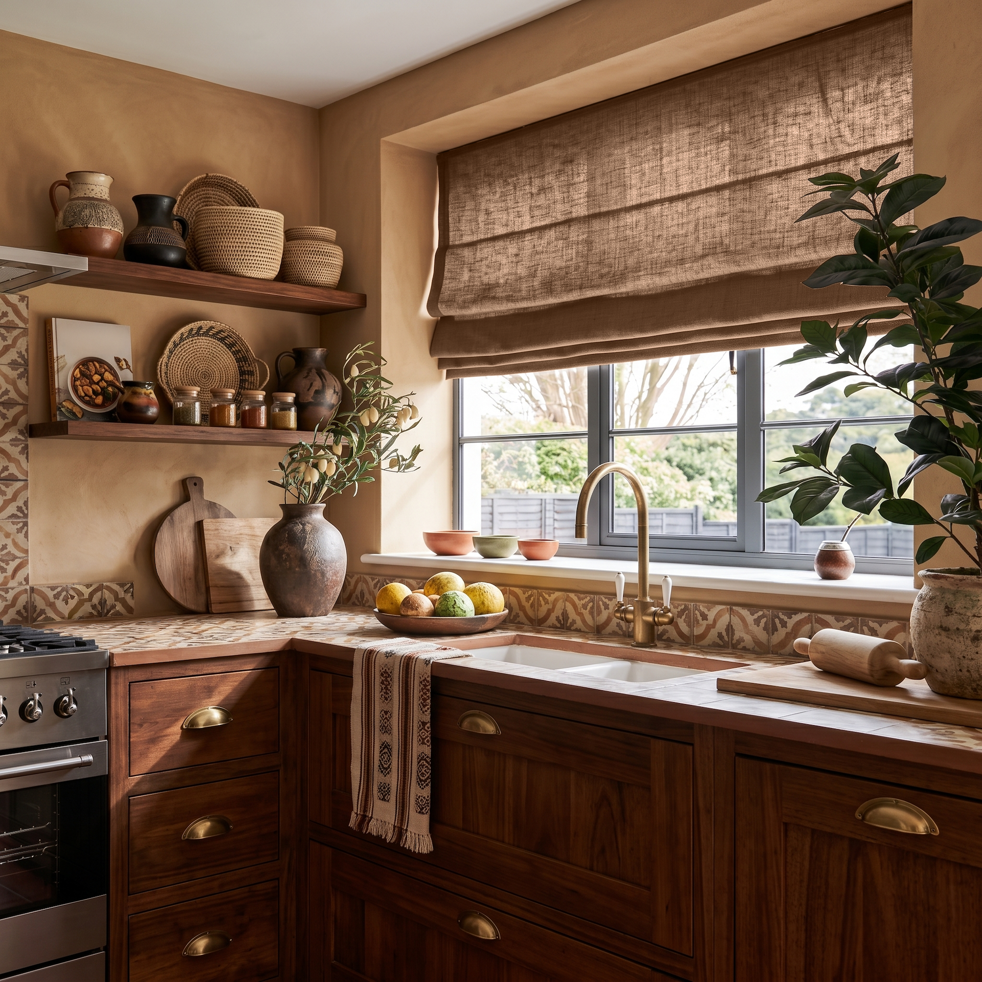 Tawny Brown Linen Roman Blinds in a Warm Rustic Kitchen with Plaster Walls