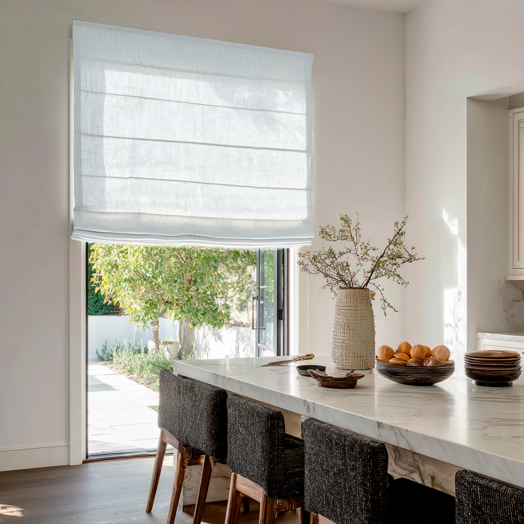 White Linen Kitchen Roman Blinds in a Modern Kitchen with White Walls, Marble Island and Woven Chairs