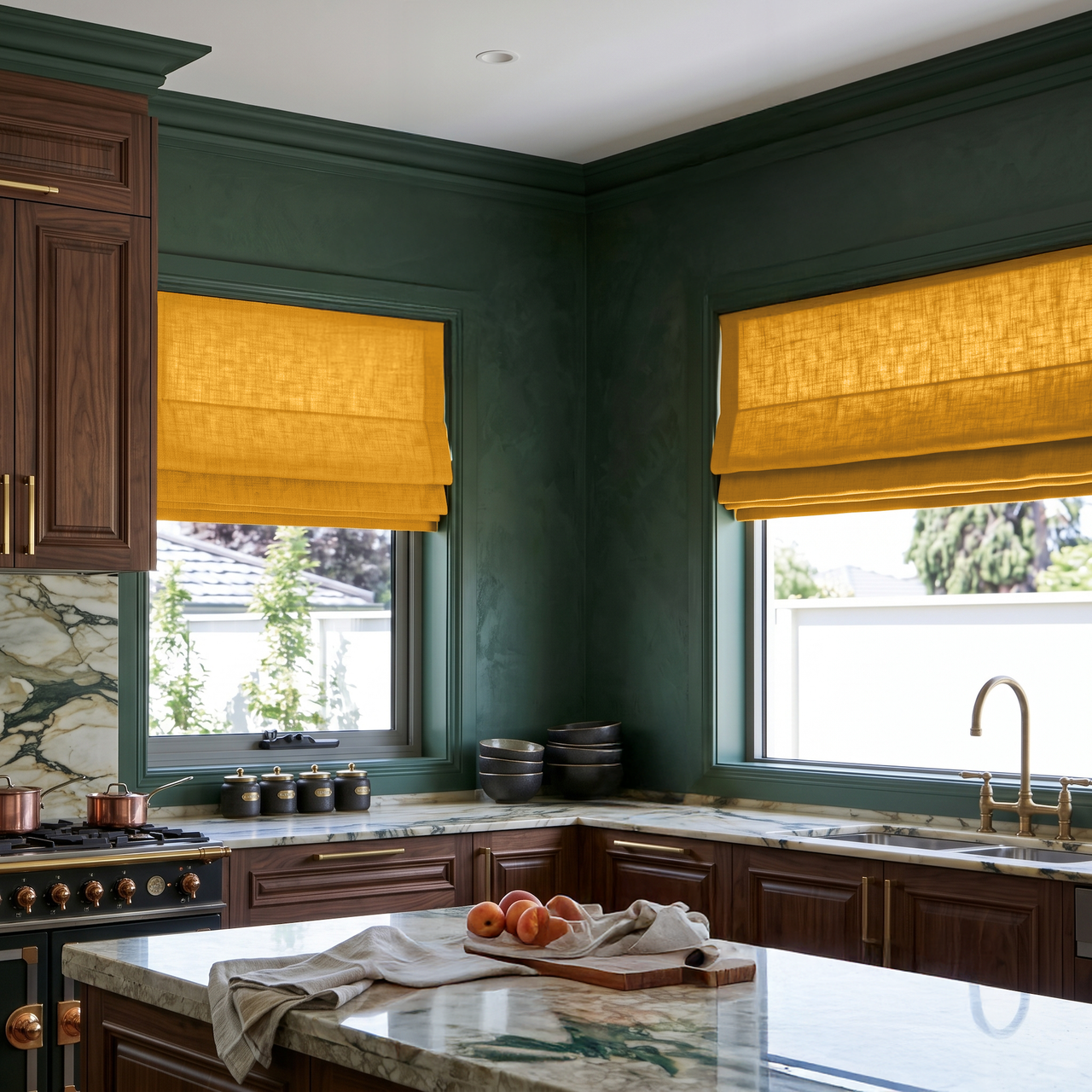 Mustard Yellow Linen Roman Blinds in a Moody Modern Kitchen with Deep Green Walls