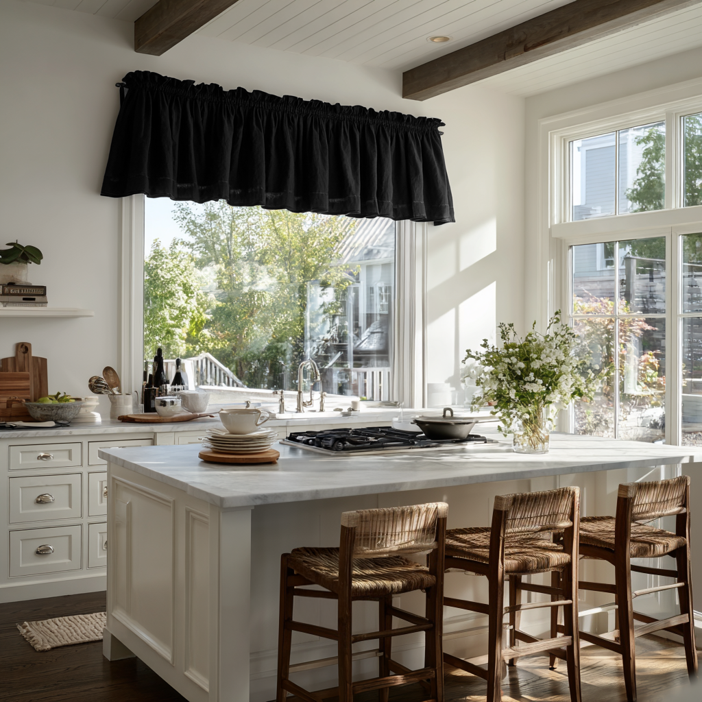 Black Linen Kitchen Valance - Cotton Lining