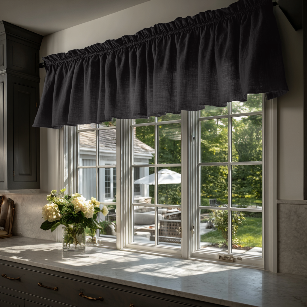 Charcoal Linen Kitchen Valance - Cotton Lining