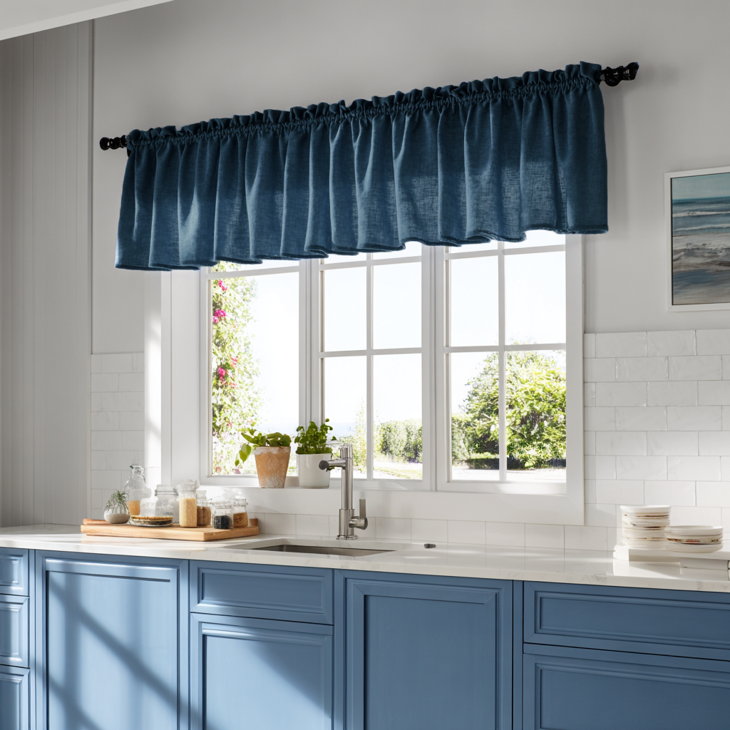 Peacock Linen Kitchen Valance - Cotton Lining