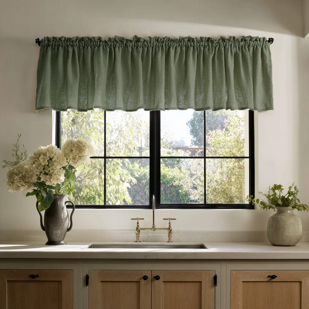 Country Style Sage Green Linen Valance – Rustic Farmhouse Kitchen ...
