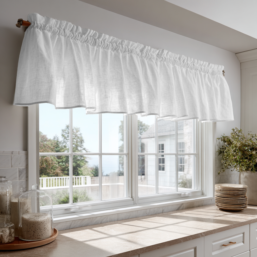 White Linen Kitchen Valance - Cotton Lining