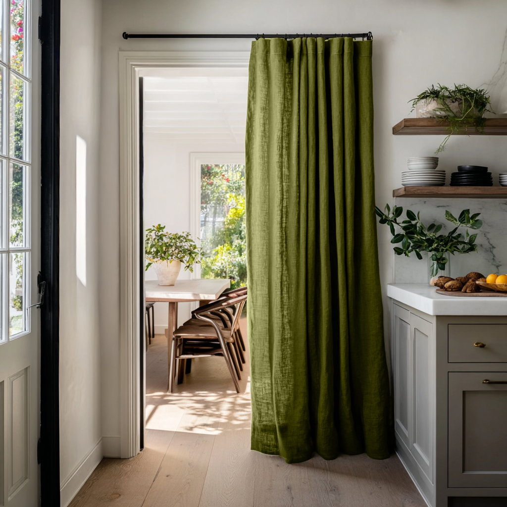 Moss Green Linen Doorway Curtain with Multitape