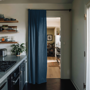 Peacock Blue Linen Doorway Curtain with Multitape