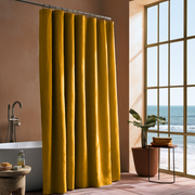 Linen Mustard Yellow Button-Hole Top Shower Curtain in a Modern Bathroom