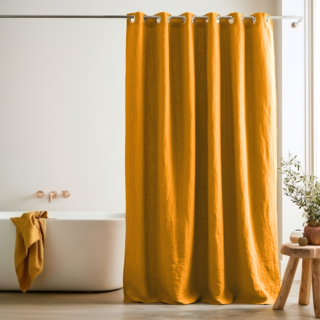 Linen Mustard Yellow Hookless Shower Curtain in a Modern Bathroom with White Walls