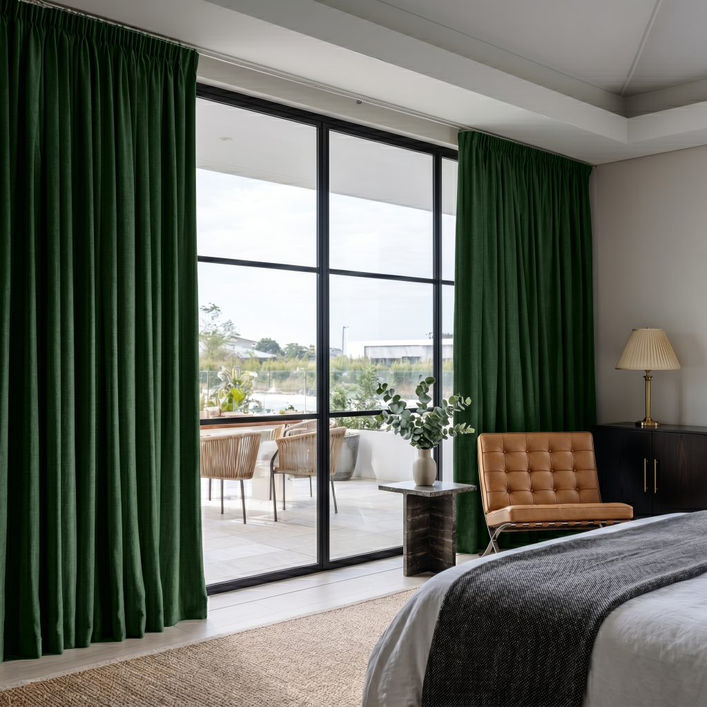 Forest Green Linen Pencil Pleat Curtains in a Contemporary Bedroom with Soft Beige Walls - Blackout Lining