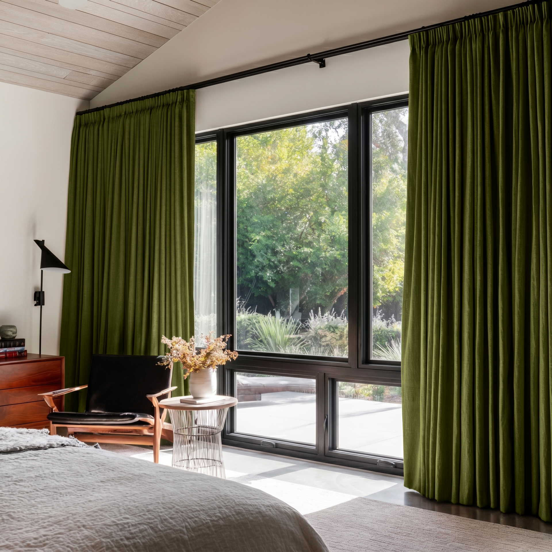 Moss Green Linen Pencil Pleat Curtains in a Modern Bedroom - Blackout Lining
