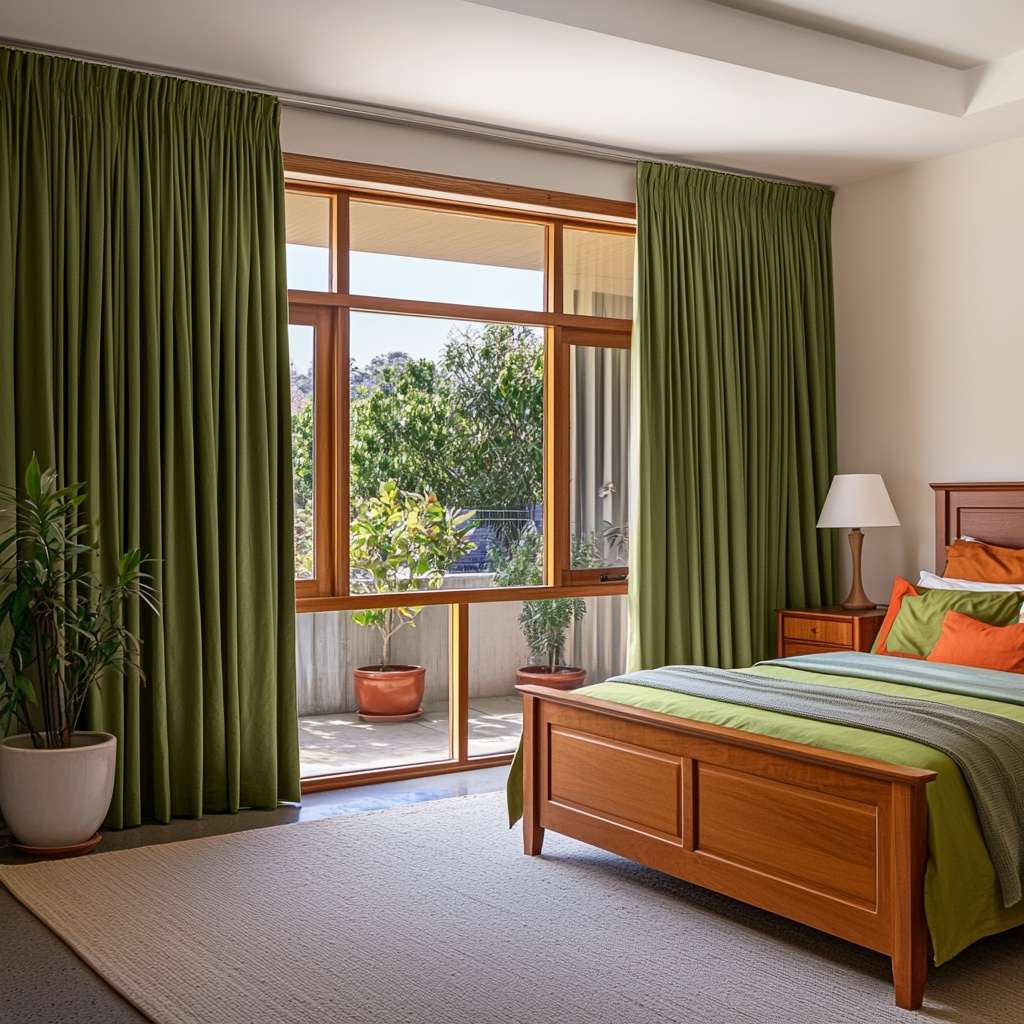 Olive Green Linen Pencil Pleat Bedroom Curtains in a Warm Neutral Bedroom with Earthy Accents - Blackout Lining