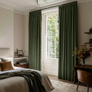 Sage Green Linen Pencil Pleat Curtains in a Classic Bedroom with Earth Tone Accents - Blackout Lining