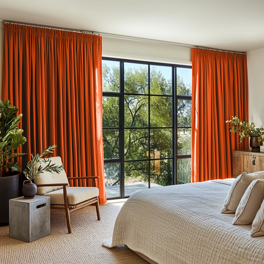 Burnt Orange Linen Pencil Pleat Curtains in a Minimal Bedroom - Cotton Lining