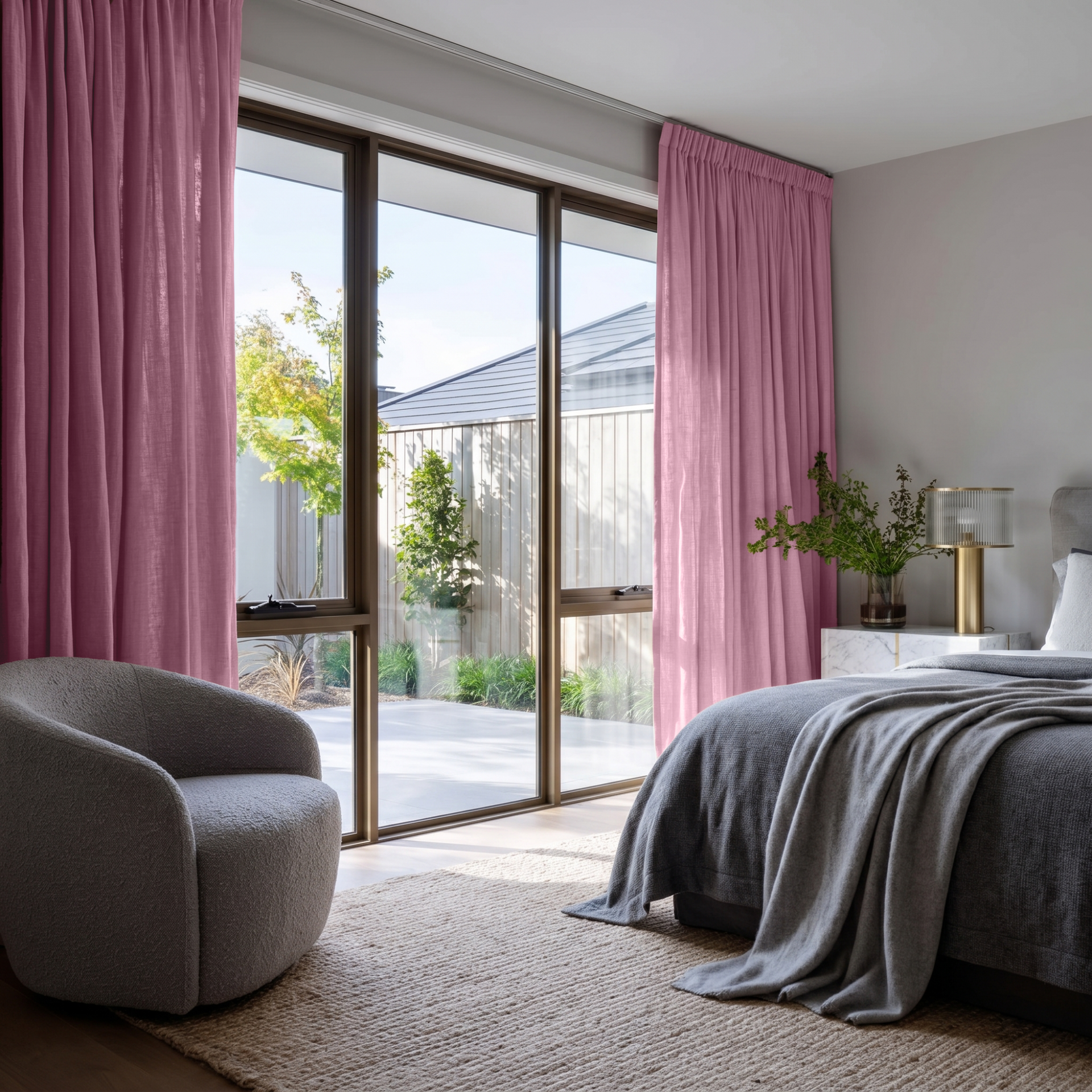 Dusty Rose Linen Pencil Pleat Curtains in a Cozy Bedroom with Soft Taupe Walls 