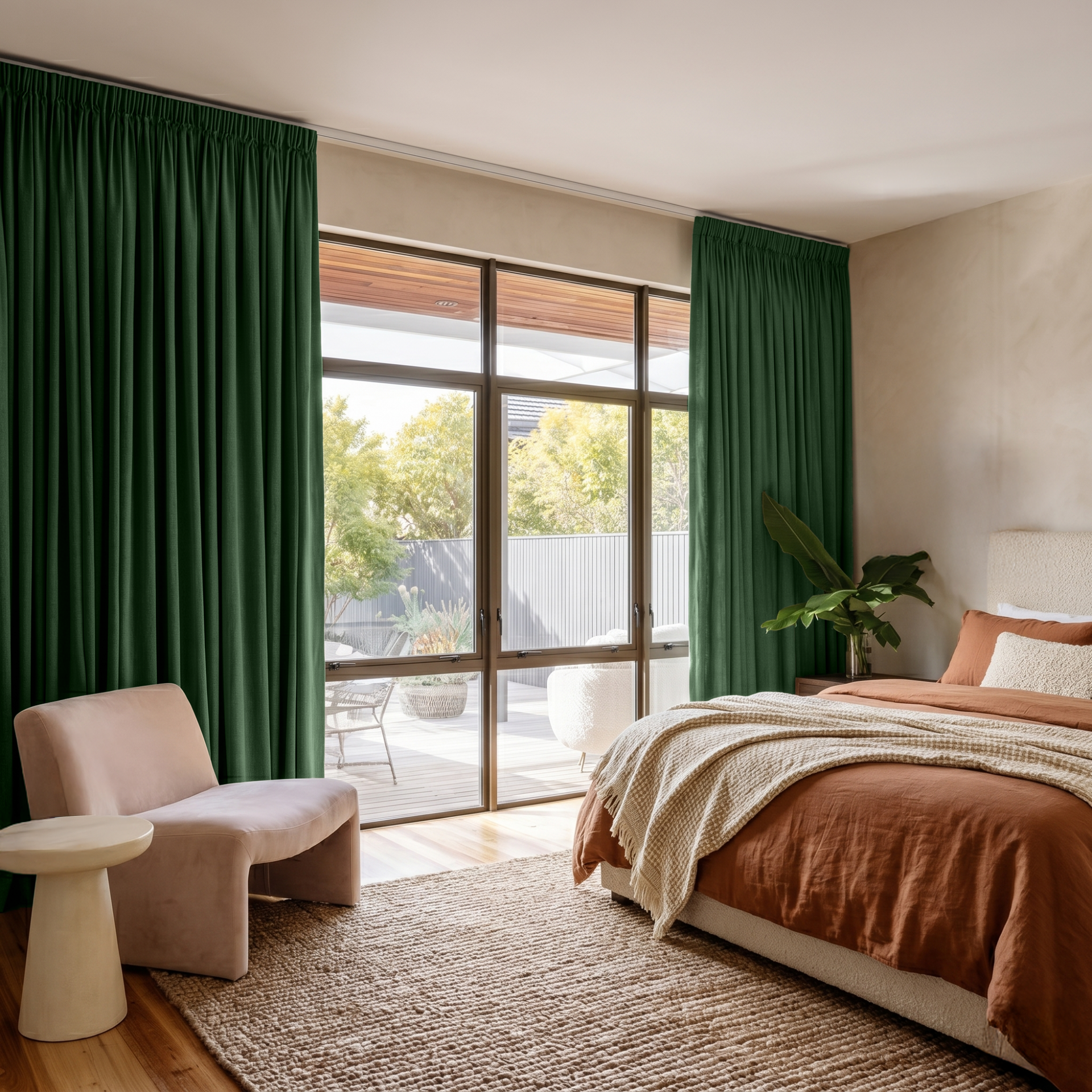 Forest Green Linen Pencil Pleat Curtains in a Cozy Bedroom with Rust Bedding Accents - Cotton Lining
