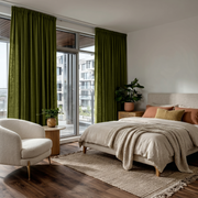 Moss Green Linen Pencil Pleat Curtains in a Minimal Neutral Bedroom with Soft Textures and Natural Light