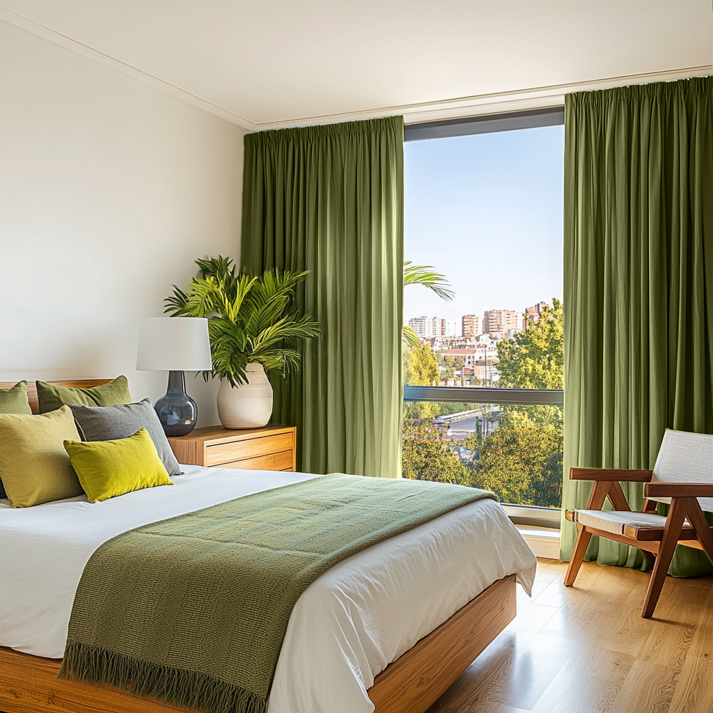 Olive Green Linen Pencil Pleat Bedroom Curtains in a Bright Modern Bedroom with Crisp White Walls, White Bedding with a Soft Green Throw - Cotton Lining