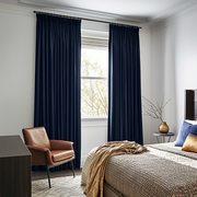 Royal Blue Linen Pencil Pleat Curtains in a Soft White Bedroom with Natural Textures - Cotton Lining