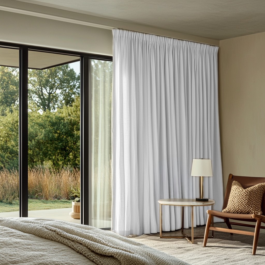 White Linen Pencil Pleat Bedroom Curtains in a Warm Neutral Bedroom with Cream Bedding - Cotton Lining