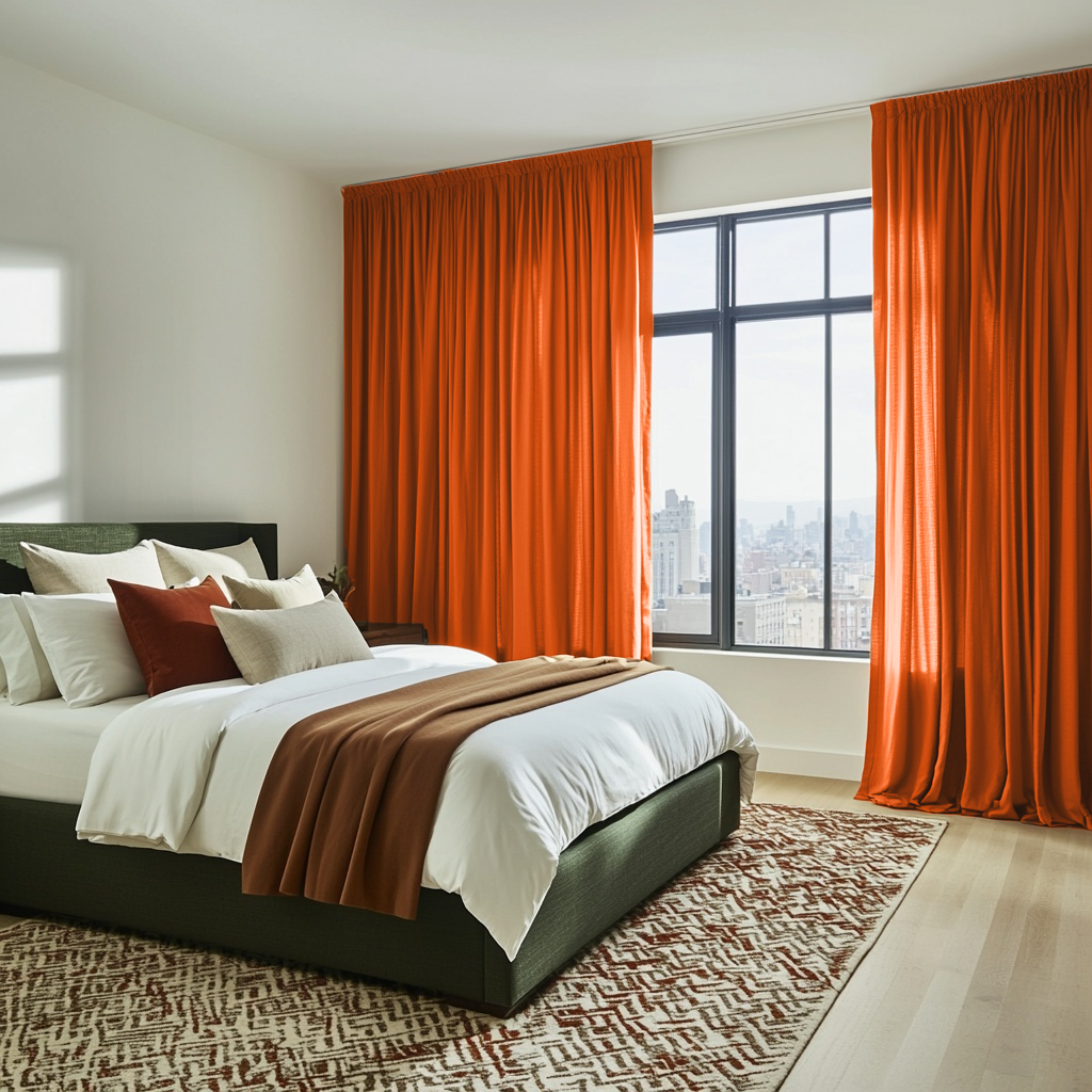 Burnt Orange Linen Pencil Pleat Curtains in a Modern Bedroom