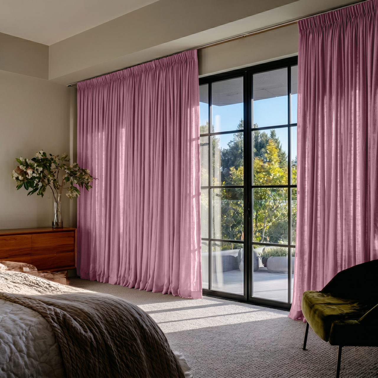Dusty Rose Linen Pencil Pleat Curtains in a Bright Modern Bedroom with Pale Neutral Walls