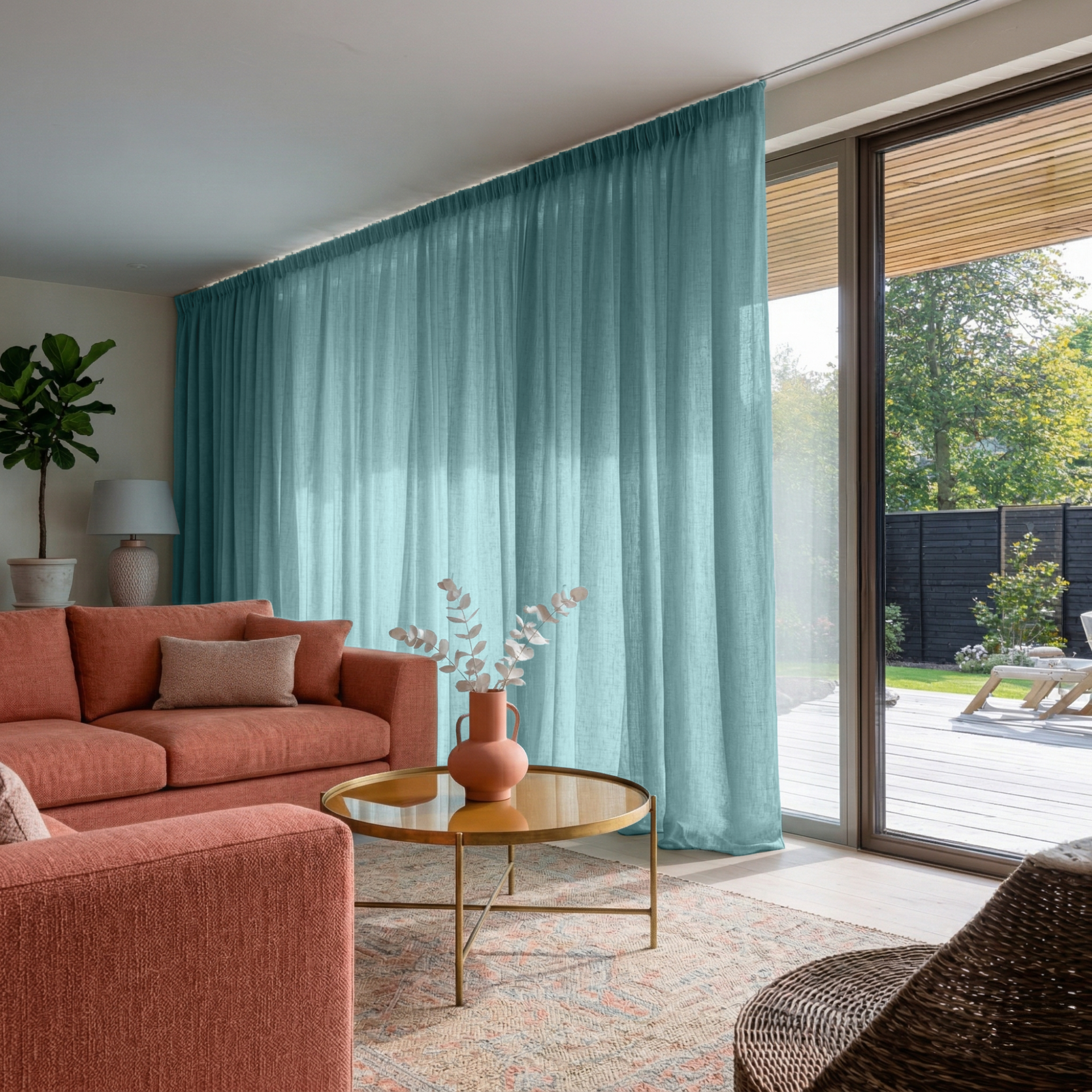 Aquamarine Blue Linen Pencil Pleat Extra Wide Curtains for Sliding Door in a Bright Living Room with Garden Views, Coral Sofa, and Brass Coffee Table
@Heading: Pencil Pleat