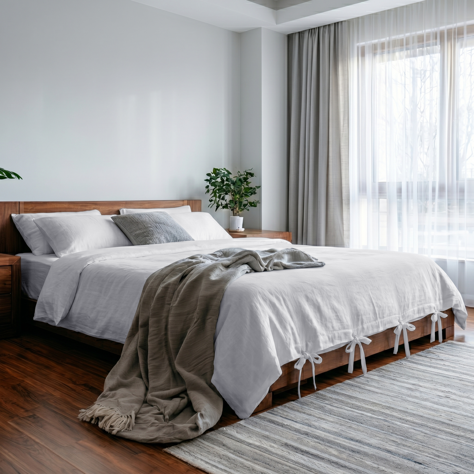 White Linen Quilt Cover with Ties in a Modern Bedroom with Floor-to-Ceiling Windows
