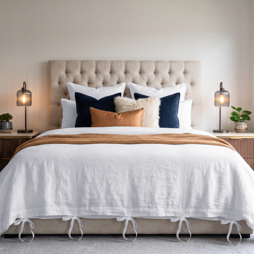 White Linen Quilt Cover with Ties in a Contemporary Bedroom with Navy Accent Pillows