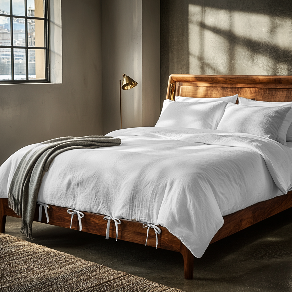 White Linen Quilt Cover with Ties in an Industrial Bedroom with Warm Wood Bed