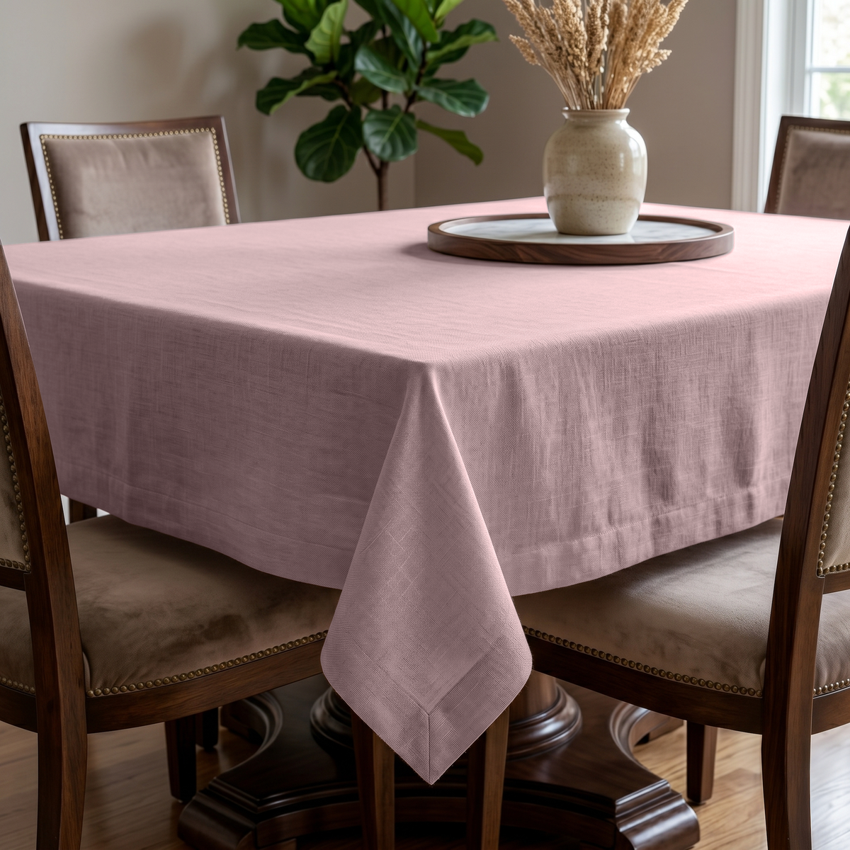 Dusty Pink Rectangular Linen Tablecloth in a Traditional Dining Room with Upholstered Chairs