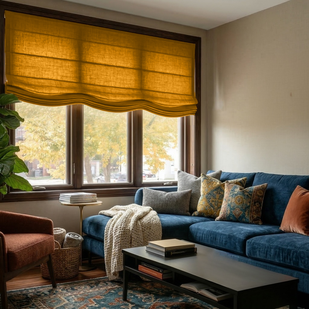 Mustard Yellow Linen Relaxed Roman Blind - Cotton Lining