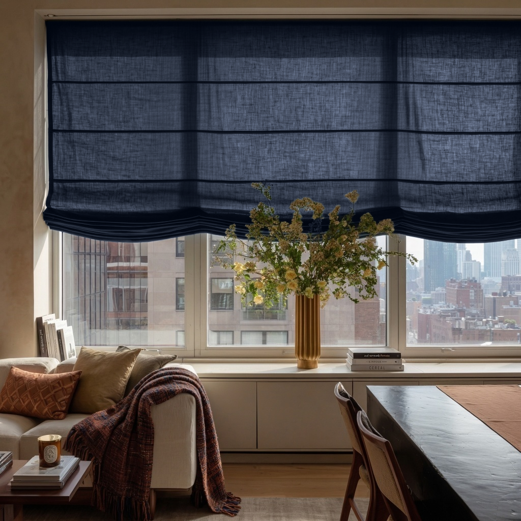 Royal Blue Linen Relaxed Roman Blinds - Cotton Lining