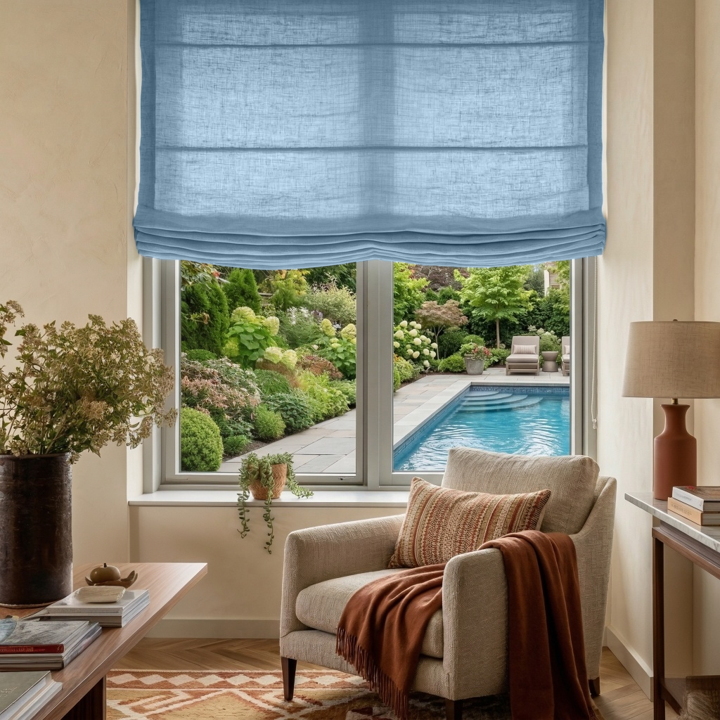 Sky Blue Linen Relaxed Roman Blinds - Cotton Lining