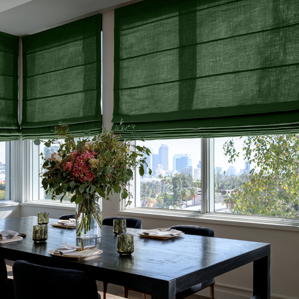 Forest Green Linen Roman Blinds