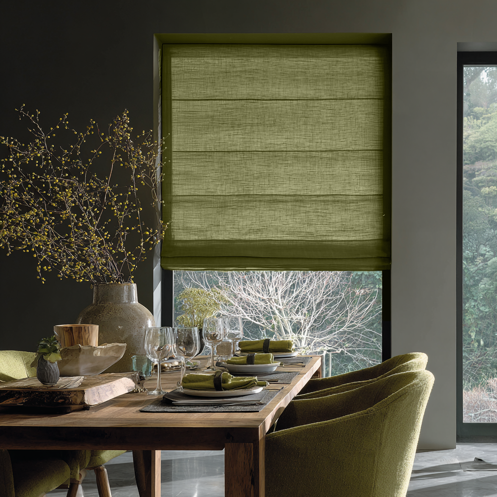 Moss Green Linen Roman Blinds - Cotton Lining