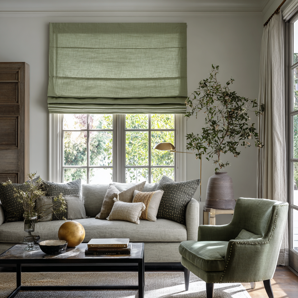 Olive Green Linen Roman Blinds - Cotton Lining