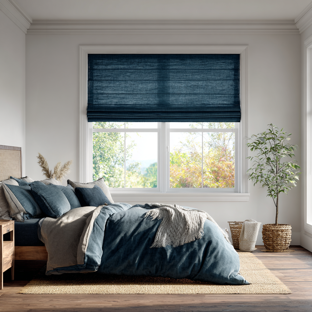 Peacock Blue Linen Roman Blinds - Cotton Lining