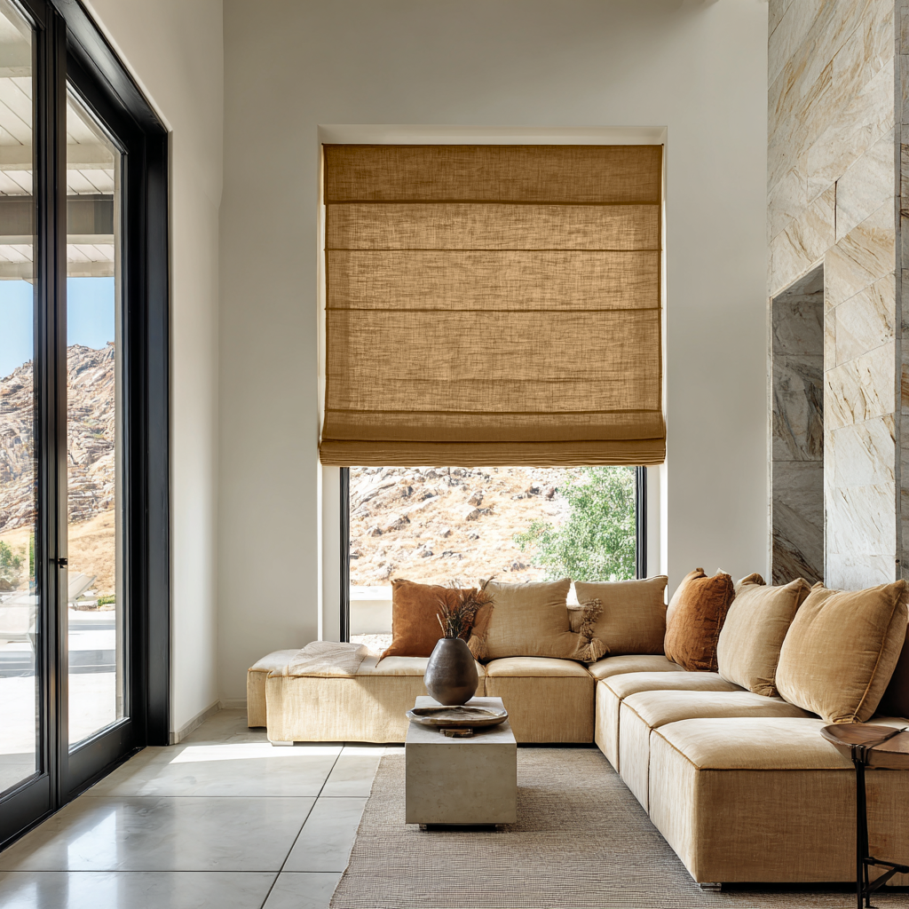 Tawny Brown Linen Roman Blinds - Cotton Lining
