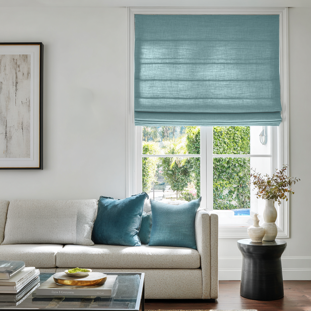 Aquamarine Linen Roman Blinds - Cotton Lining