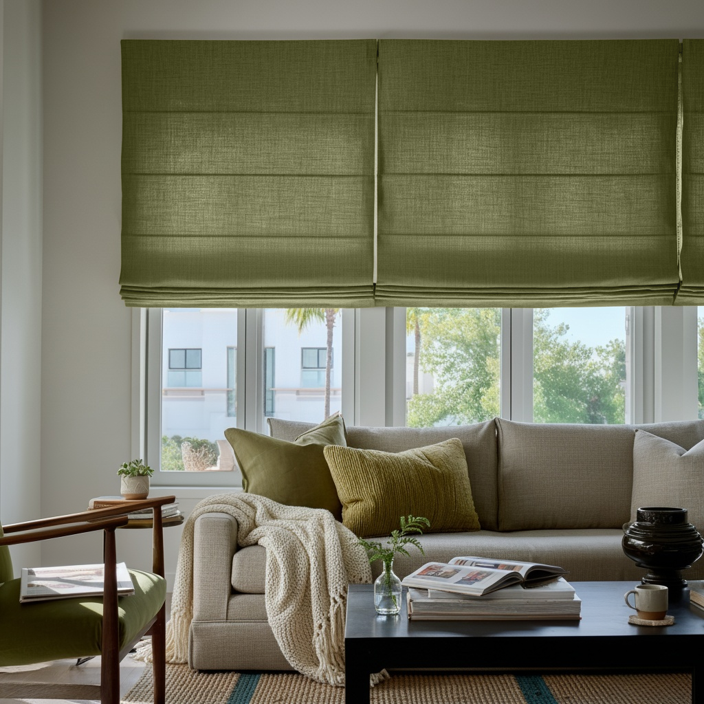 Olive Green Linen Roman Blinds - Cotton Lining