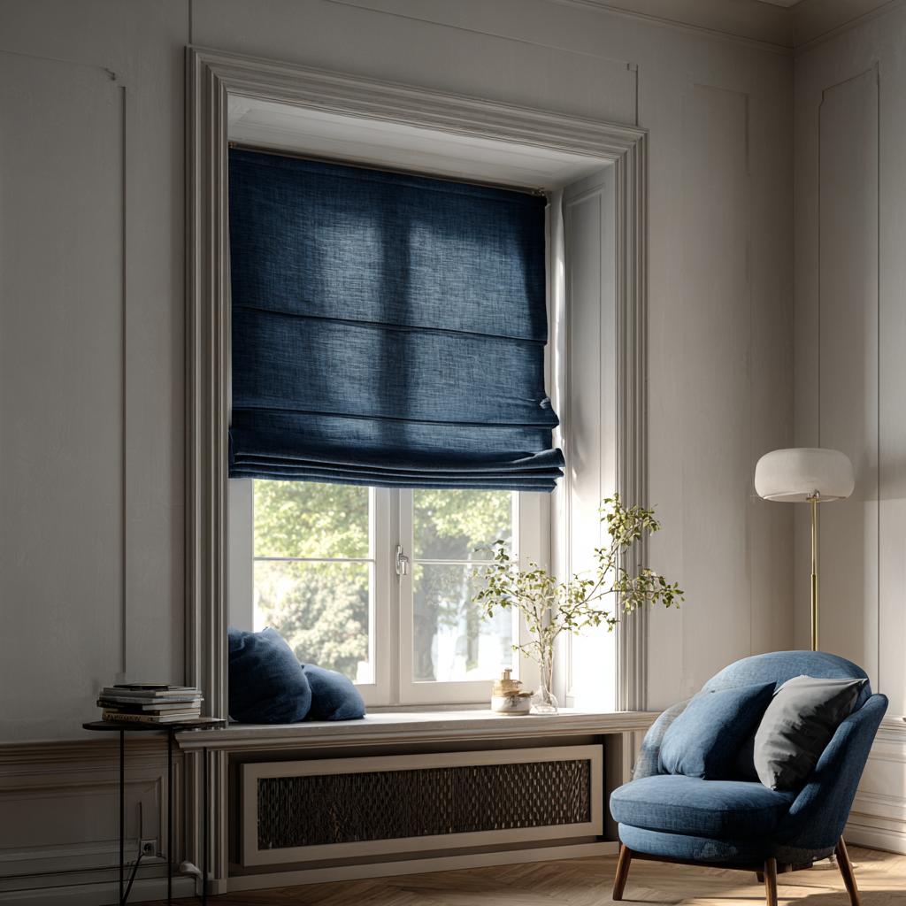 Peacock Blue Linen Roman Blinds - Cotton Lining