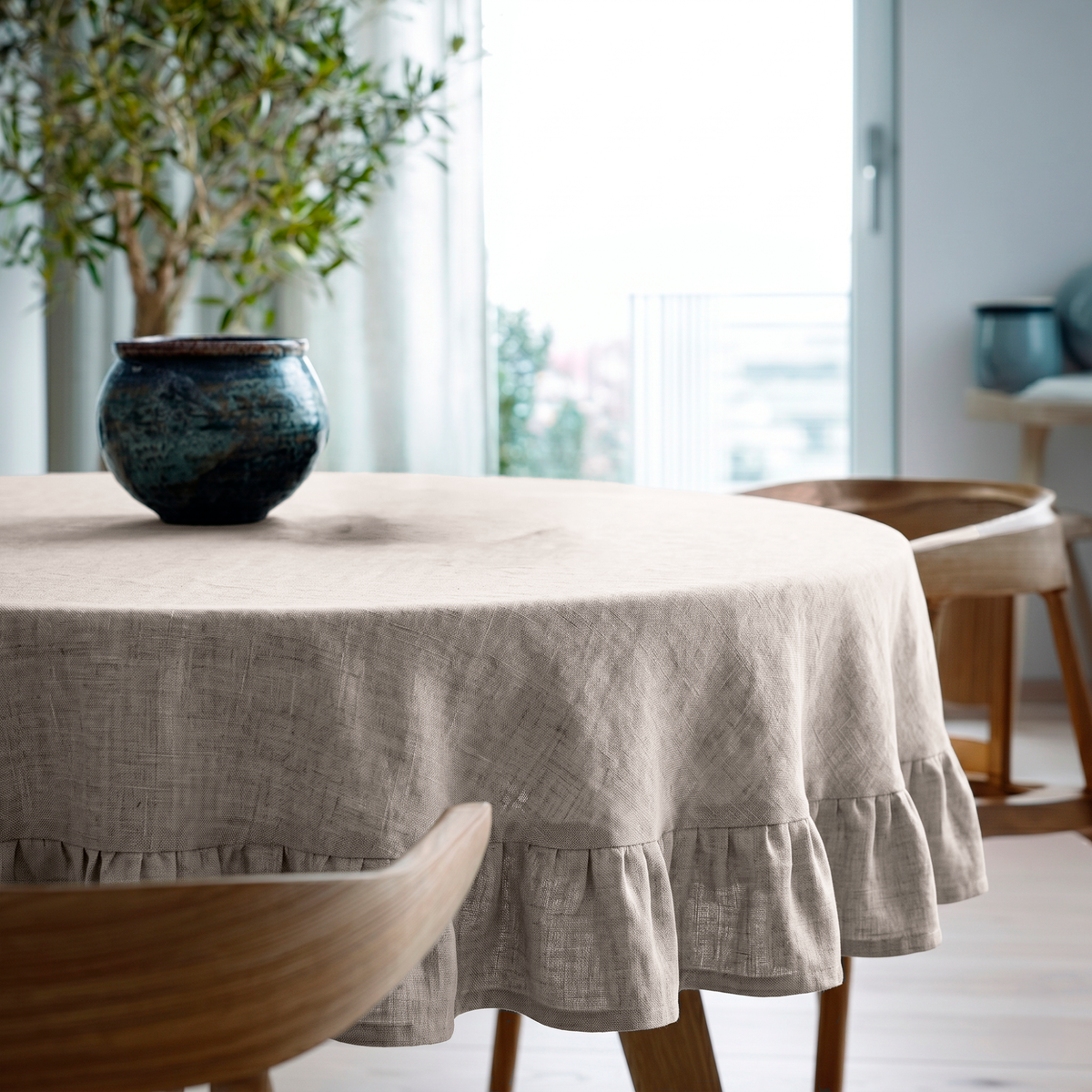 Natural Linen Round Ruffle Tablecloth in a Bright Dining Room