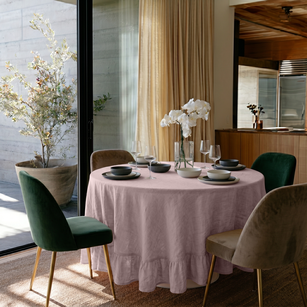 Dusty Pink Linen Round Ruffle Tablecloth in a Bright Dining Room
