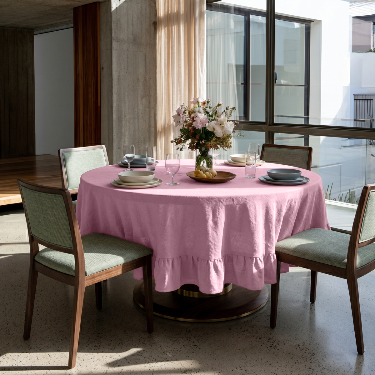 Dusty Rose Linen Round Ruffle Tablecloth in a Modern Dining Room with Concrete Walls and Sage Green Chairs