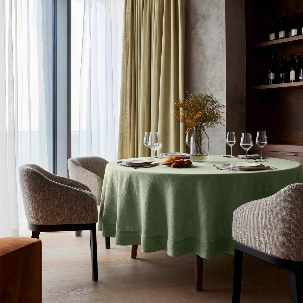 Asparagus Green Linen Round Tablecloth in a Modern Dining Room
