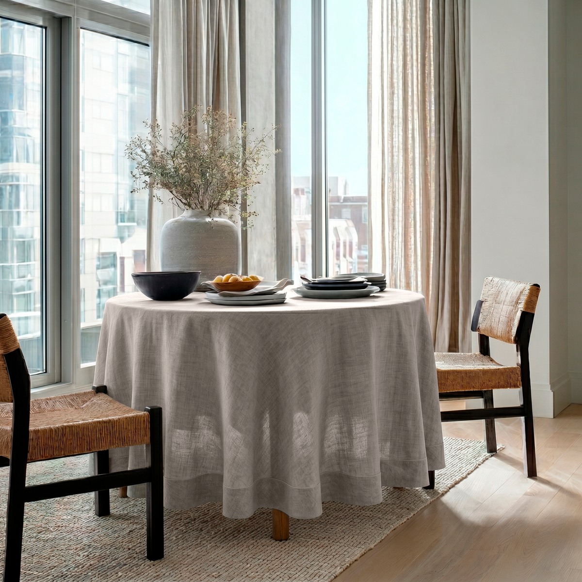 Natural Linen Round Tablecloth in a Bright City Dining Nook with Floor-to-Ceiling Windows