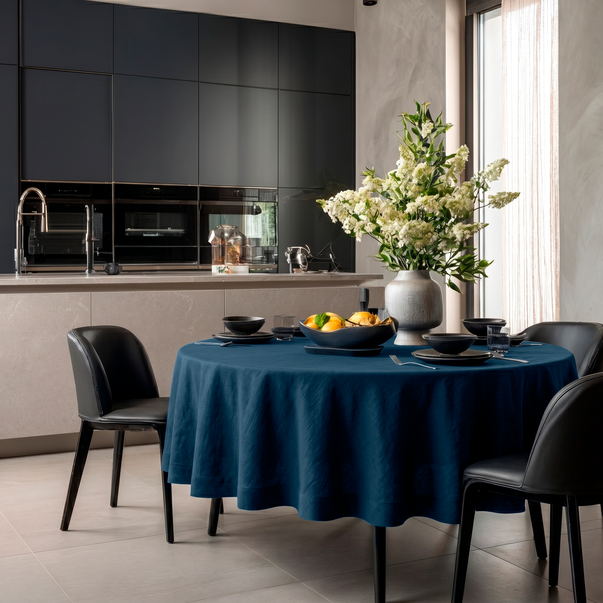 Peacock Blue Linen Round Tablecloth in a Contemporary Dining Room with Soft Taupe Walls