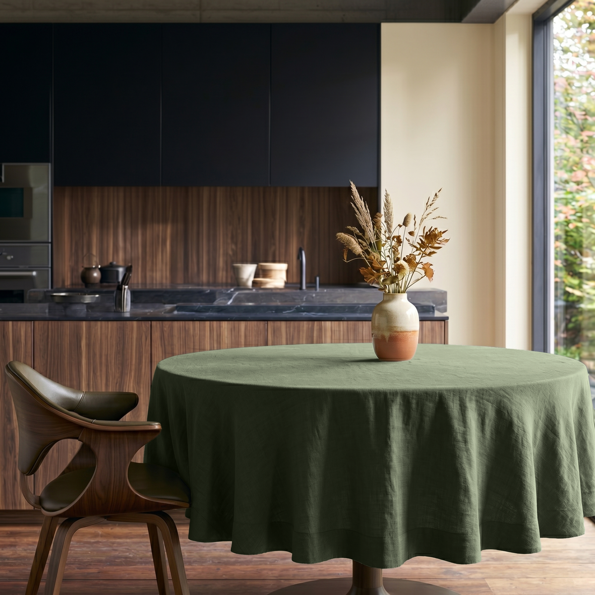 Sage Green Linen Round Tablecloth in a Modern Kitchen Dining Space with Cream Walls and Walnut Wood