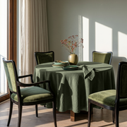 Sage Green Linen Round Tablecloth in a Sunlit Dining Room with Soft Sage Walls
