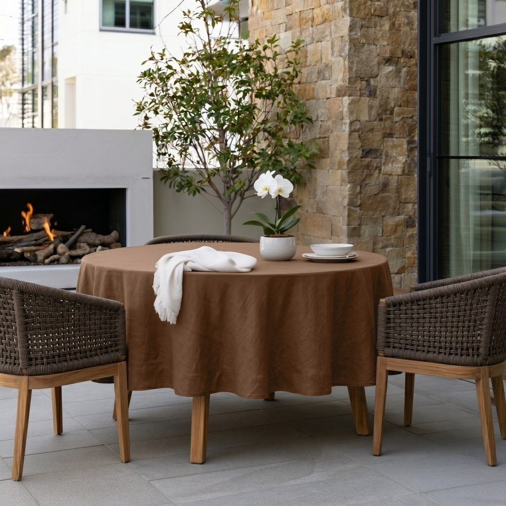 Tawny Brown Linen Round Tablecloth in a Covered Patio Dining Space with Stone Walls and Woven Rattan Chairs